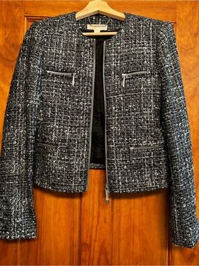 Womens Black & White Tweed Zip-Front Jacket